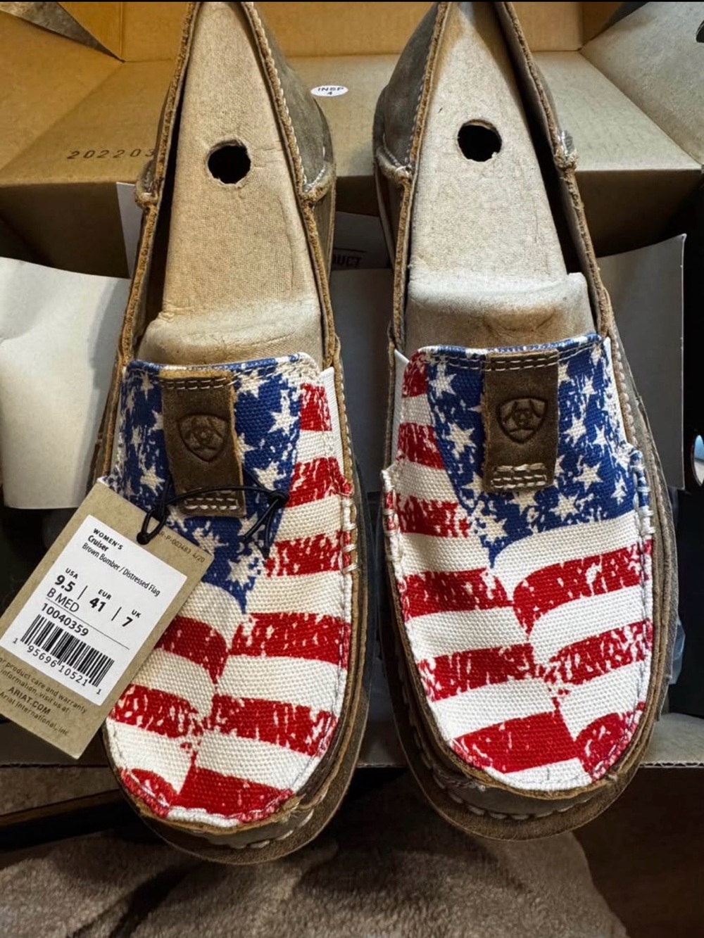 Ariat Brown Suede Loafers with Red, White & Blue Flag Accents